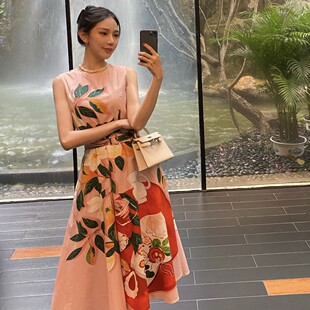 宛宛大大|夏季杜乐丽花园珊瑚粉无袖收腰印花立裁高支棉A字