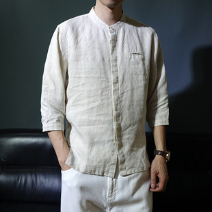 中国风薄款纯亚麻七分袖衬衫口袋夏季暗扣中山装男士衬衣中式