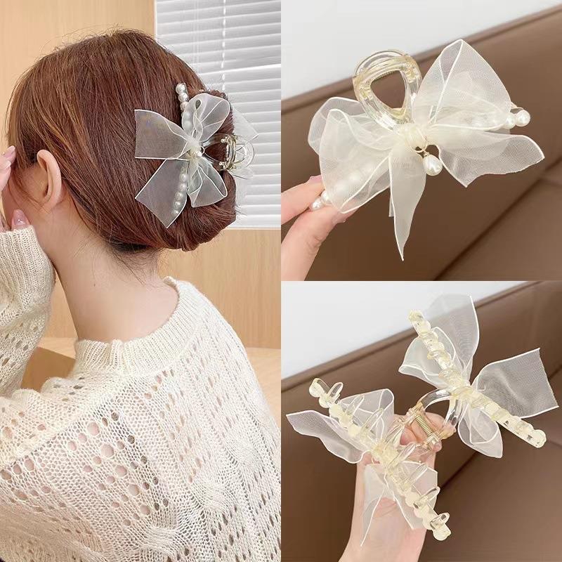 Mesh Bow Pearl Grab Clip Large Hairpin Internet Celebrity Ne