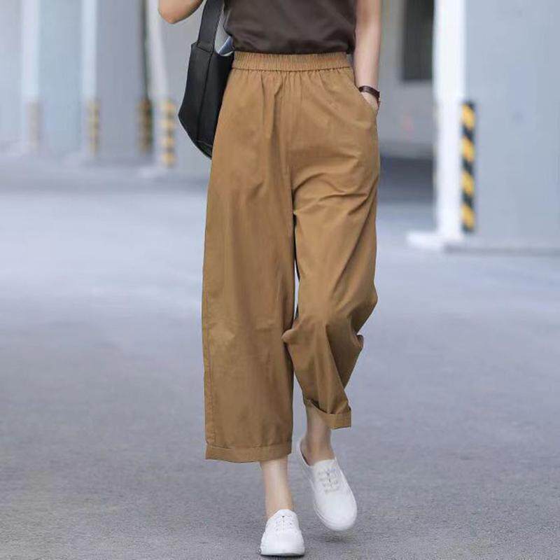 八九分女纯棉夏季薄款文艺百搭宽松纯色阔腿工装裤