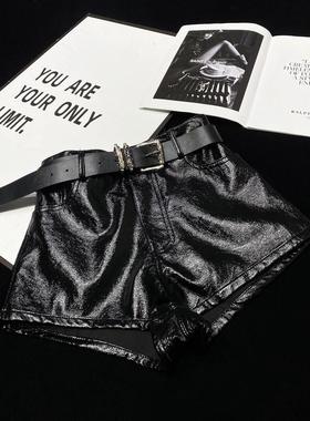 CCA辣妹风褶皱黑色漆皮显瘦百搭亮面机车皮裤靴裤送腰带