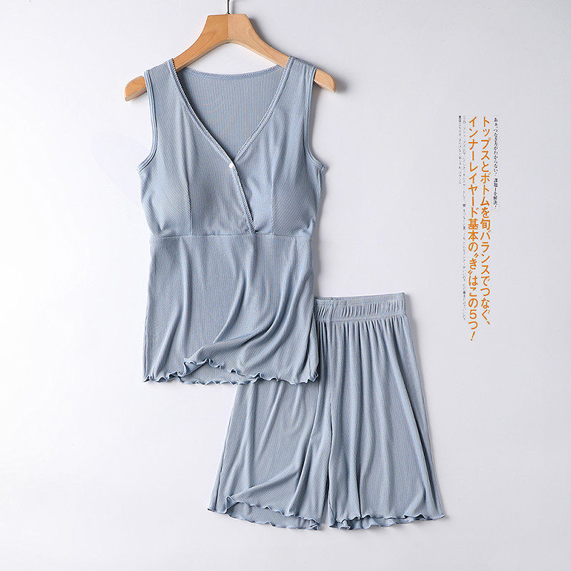 哺乳外出夏薄款免穿文胸居服套装孕妇产后月子睡觉可穿