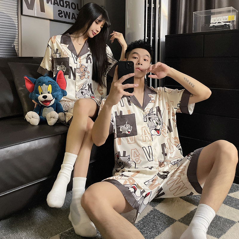 新品情侣睡衣女夏季款冰丝短袖可爱哆啦A梦青少年大码男士家居服