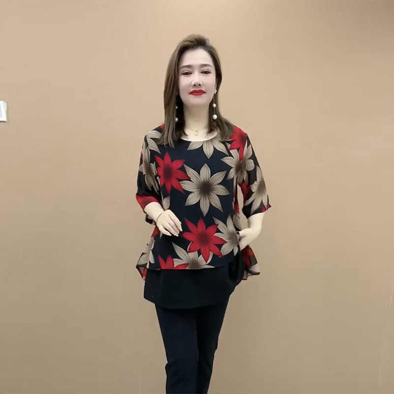雪纺衬衫女2024夏季新款时尚气质印花大码遮肚子显瘦七分袖女,女装/女士精品,中老年女装,淘宝优惠券,粉丝福利购,淘宝优惠卷