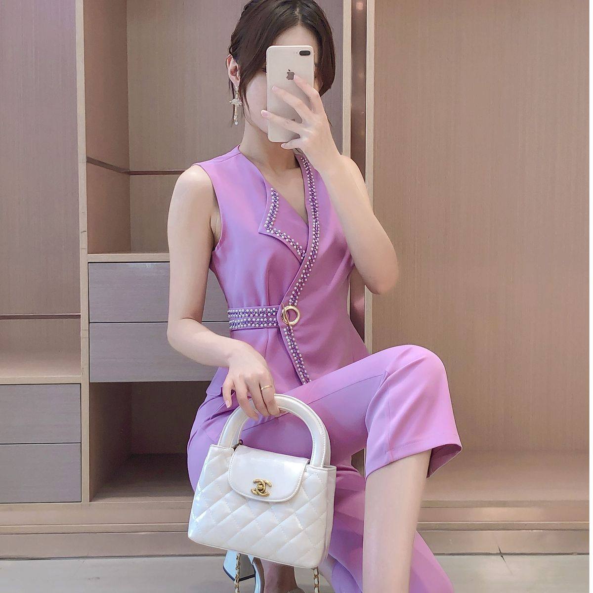 艾日秀2025气质无袖钉珠领收腰显瘦休闲长裤套装女,女装/女士精品,时尚套装,淘宝优惠券,粉丝福利购,淘宝优惠卷