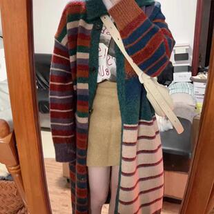 遮屁股韩系慵懒风条纹毛衣开衫女春秋冬季宽松中长款