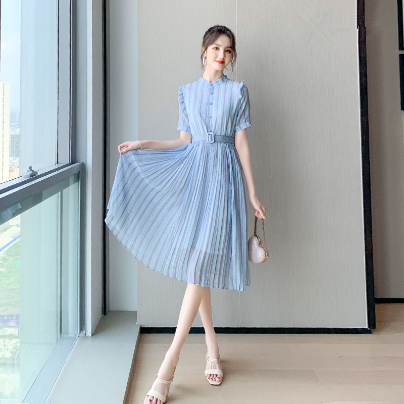 衬衫女夏收腰显瘦夏季2025年新款中长雪纺夏装百褶气质
