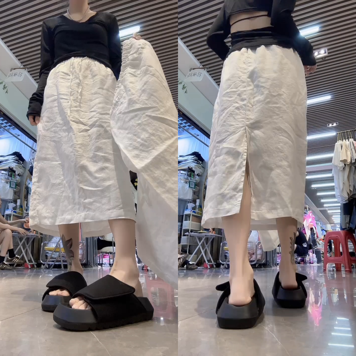 白色休闲半身A字裙中长款开叉裙新款秋季常规梨形显瘦麻