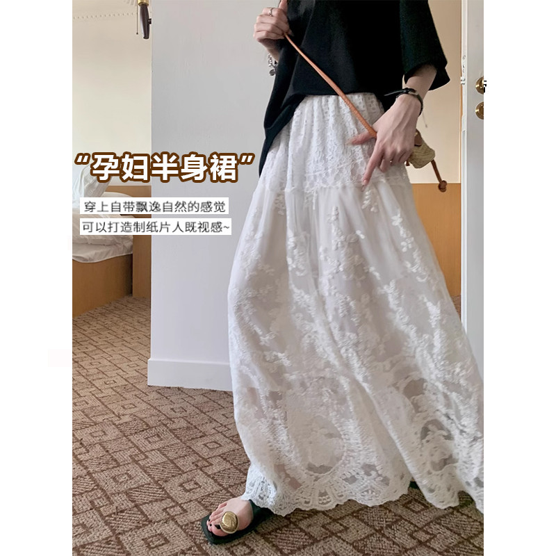 孕妇裙夏季新款外穿宽松慵懒白色蕾丝中长可调节a字裙春秋