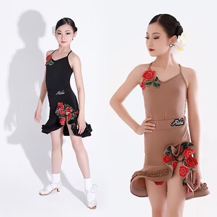 2023新款刺绣玫瑰拉丁舞服少女儿童拉丁比赛服装演出练功服舞蹈服