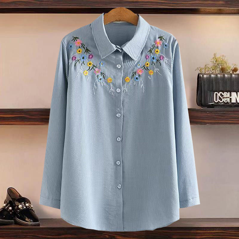 刺绣条纹打底衫秋装长袖女士衬衣中老年民族风洋气妈妈开衫衬衫女