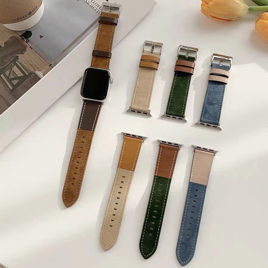 自制撞色翻毛皮拼接皮质表带适用于s9苹果applewatch78代65se通用
