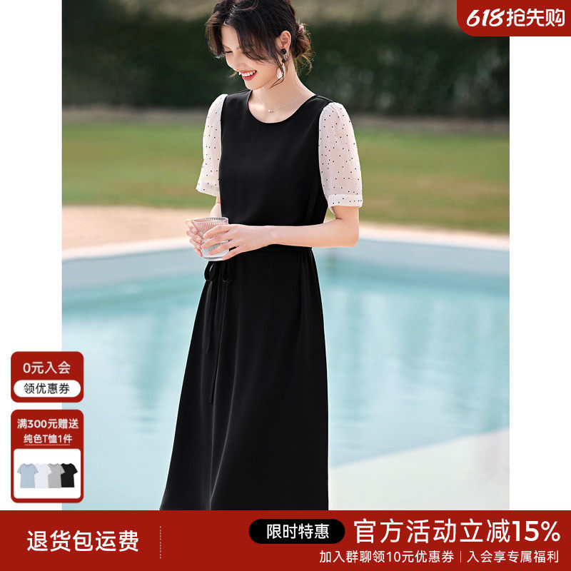 XWI/欣未泡泡袖女夏季优雅气质收腰显瘦撞色拼接黑色中