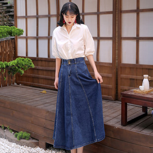 西部风情~A字基础款百搭长款收腰半身气质蓝色女牛仔伞裙