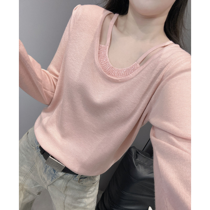 秋新款挂脖V领长袖衫女宽松显瘦气质毛衣打底小衫露锁骨