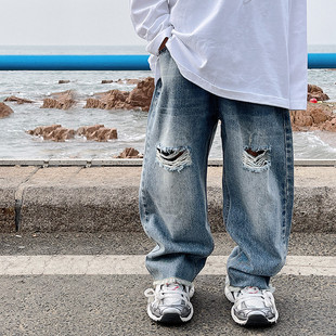 男童2023秋装新款休闲秋季儿童宽松潮流破洞宝宝长裤潮