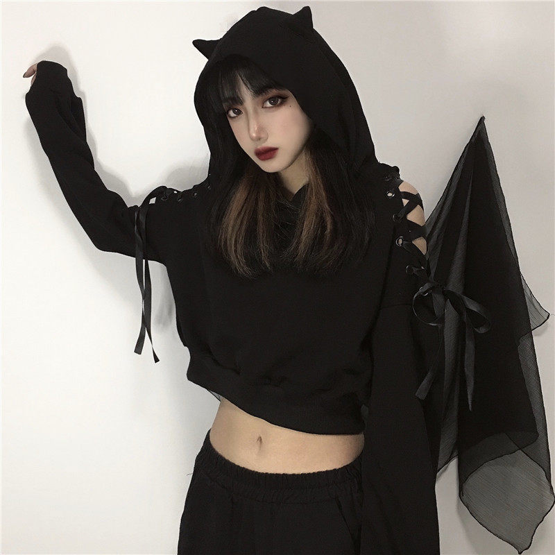 短款女ins暗黑系带露肩猫耳套头宽松显瘦早秋长袖连帽衫
