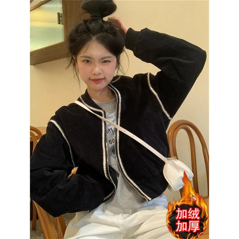 美式小个子黑色棒球服女2023新款春秋季设计感小众秋冬短