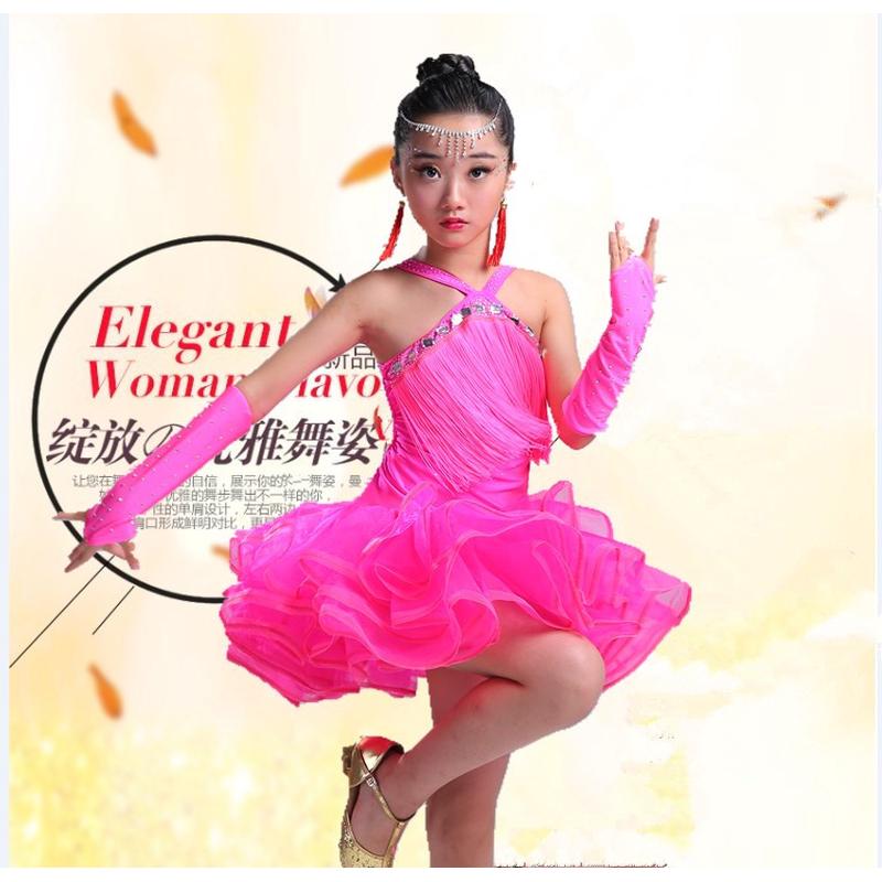 蓝色拉丁舞蹈裙服玫红夏季新款少女儿童专业练功比赛演出流苏服装