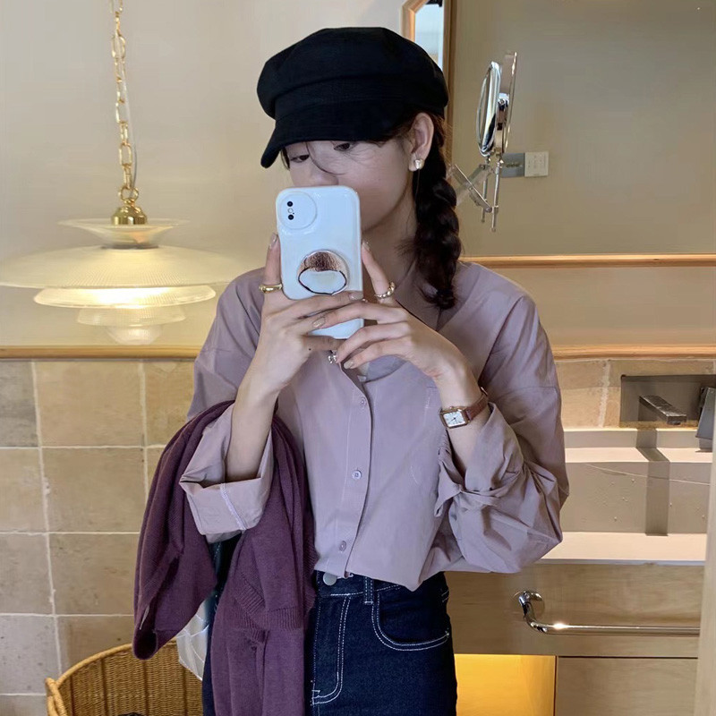 香芋紫日系长袖衬衫女秋学生港风小众设计感显瘦气质衬衣