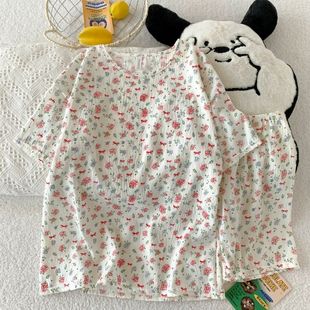 短袖 家居服 纯棉睡衣女夏季 ins甜美碎花大码 新品 韩版 短裤 新款 薄款