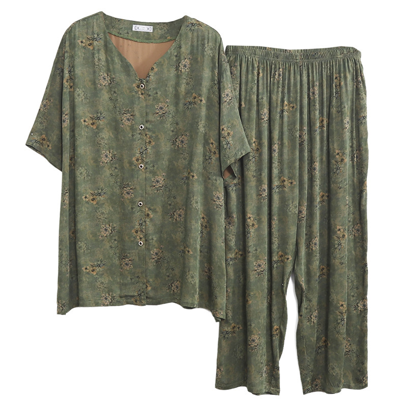 新品睡衣女大码胖mm宽松短袖开衫套装家居服200斤中年妈妈夏季可