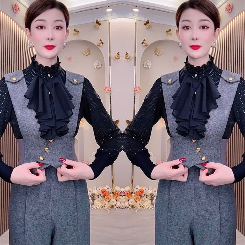 网红爆款时尚背带裤两件套女2023早春新款气质职业衬衫+背带裤潮