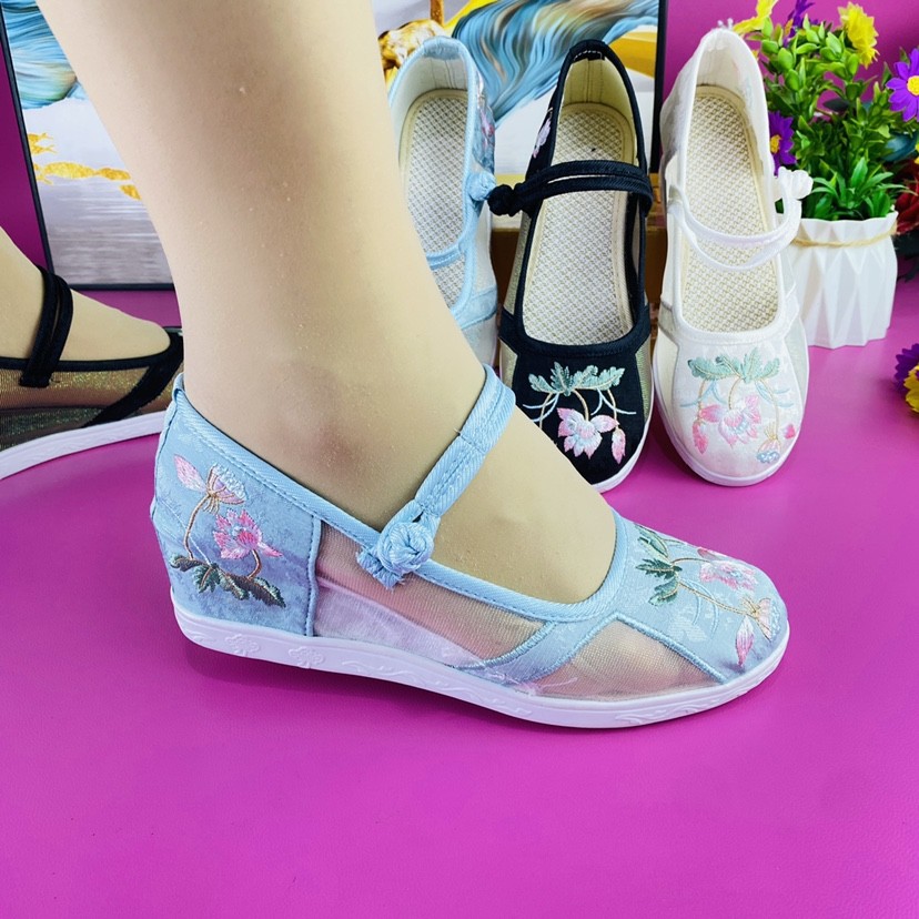 老北京布鞋女网纱汉服鞋内增高民族风广场舞绣花鞋圆头透气汉服鞋