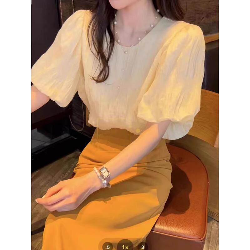 法式休闲套装女夏季设计感小众泡泡袖衬衫气质高级感两件套