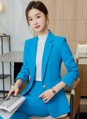 蓝色女秋冬季通勤经理正装工作服气质售楼部职业套装