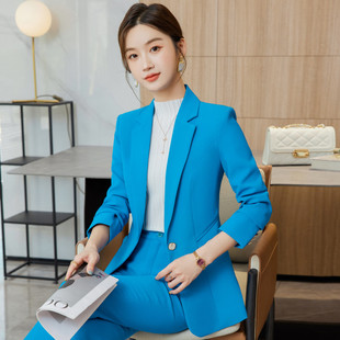 蓝色女秋冬季通勤经理正装工作服气质售楼部职业套装
