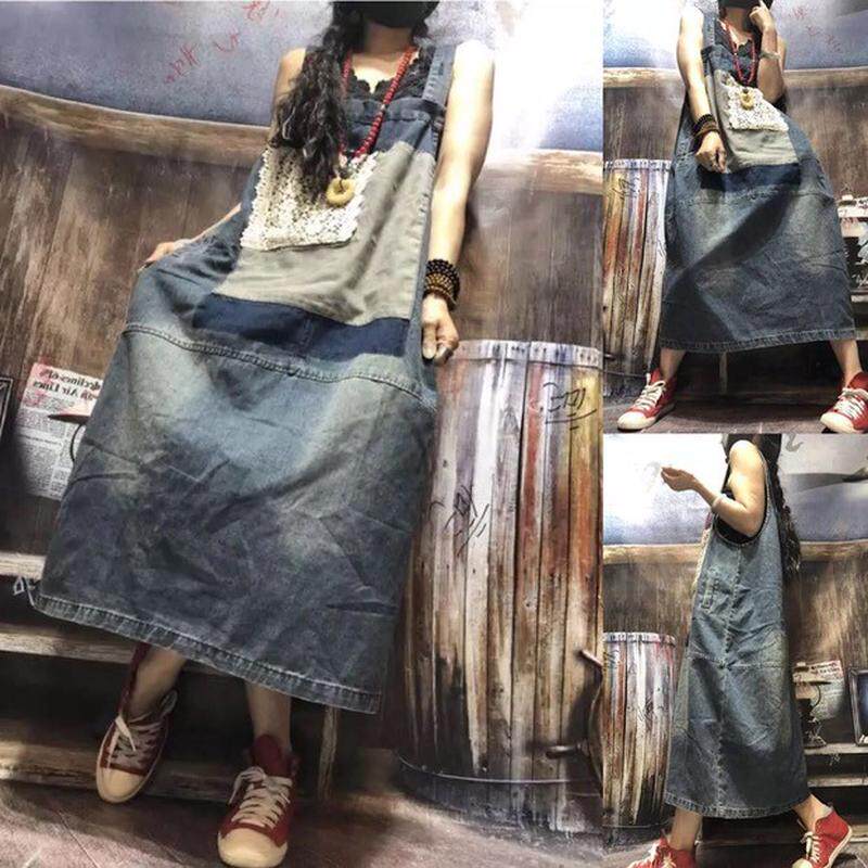 炎圭服饰新款一字领背带牛仔裙文艺做旧贴布个性宽松潮