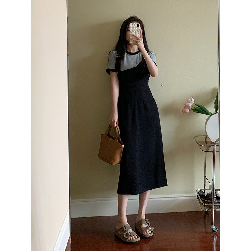 花总吖【入夏私语】2024新款法式收腰撞色拼接假两件高级感