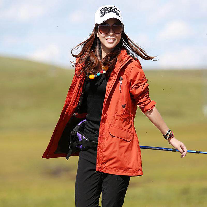 雪丘岛户外新款连帽中长款单防水防风透气登山旅行女士