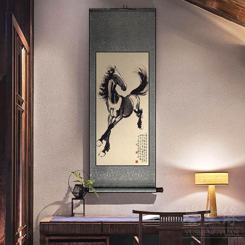 走廊新中式卷轴书房装饰马竖版挂画挂画徐悲奔画玄关图过道鸿餐厅