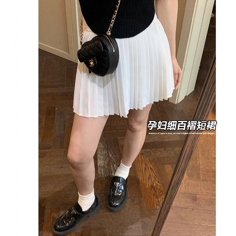 孕妇细百褶夏季薄款休闲百搭托腹宽松黑色防走光A字裙