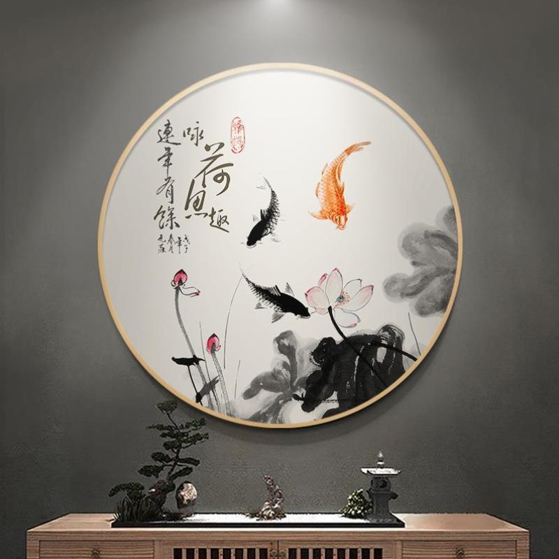 新中式玄关圆形装饰画花开富贵客厅茶室书房壁画单幅走廊过道挂画图片