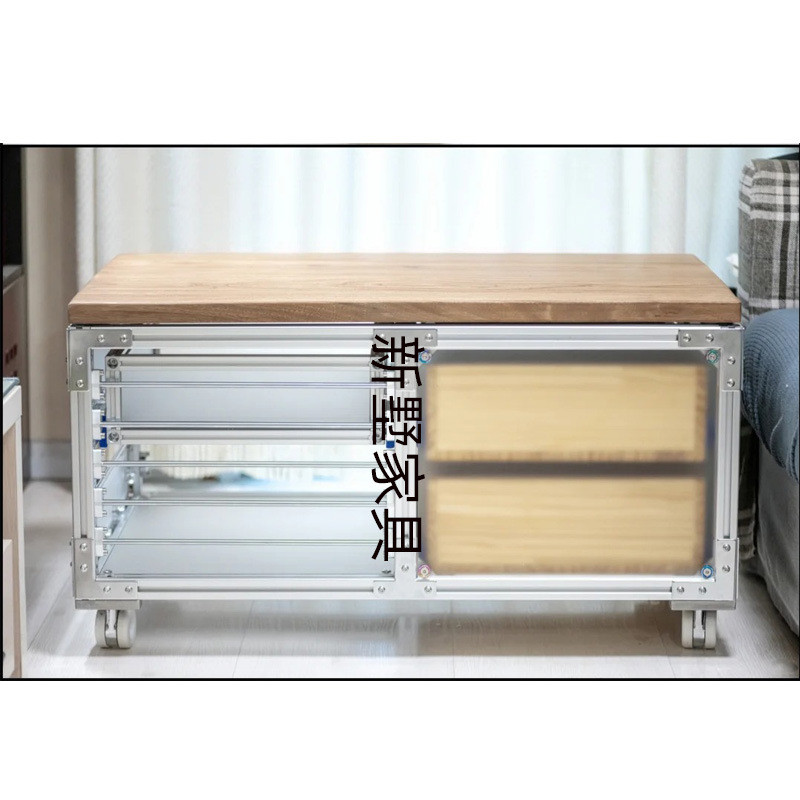 简约现代铝型材实木板收纳柜客厅茶几抽屉柜可移动柜资料文件柜子