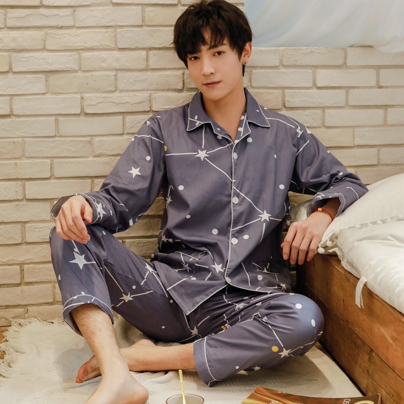 现货睡衣男士纯棉春秋款梭织棉布长袖套装两件薄款家居服全棉时尚