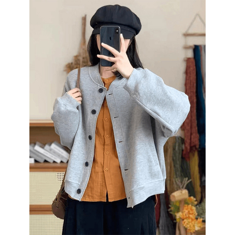 文艺短款棒球服女2025春秋季新款宽松休闲单排扣长袖