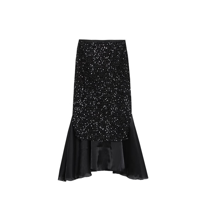 黑色亮片鱼尾女春秋a字中长款雪纺拼接包臀,女装/女士精品,半身裙,淘宝优惠券,粉丝福利购,淘宝优惠卷