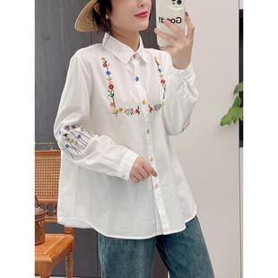 梦箱子2023秋新款清新花草刺绣棉布衬衣长袖彩扣宽松休闲衬衫