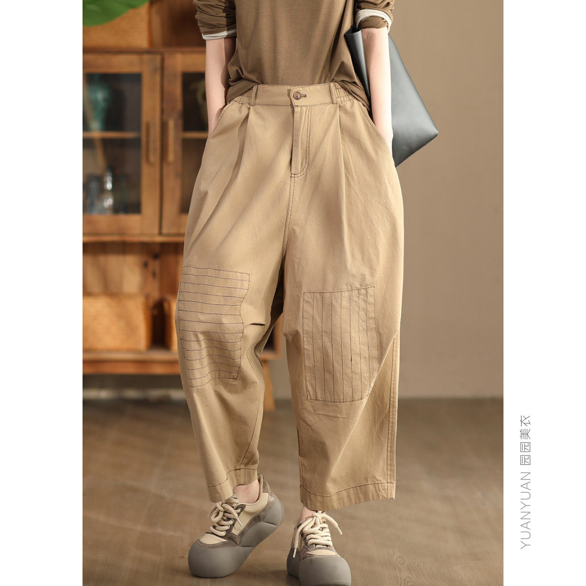 园园美秋款立体勾线全棉阔腿裤女半松紧腰宽松直筒裤,女装/女士精品,休闲裤,淘宝优惠券,粉丝福利购,淘宝优惠卷