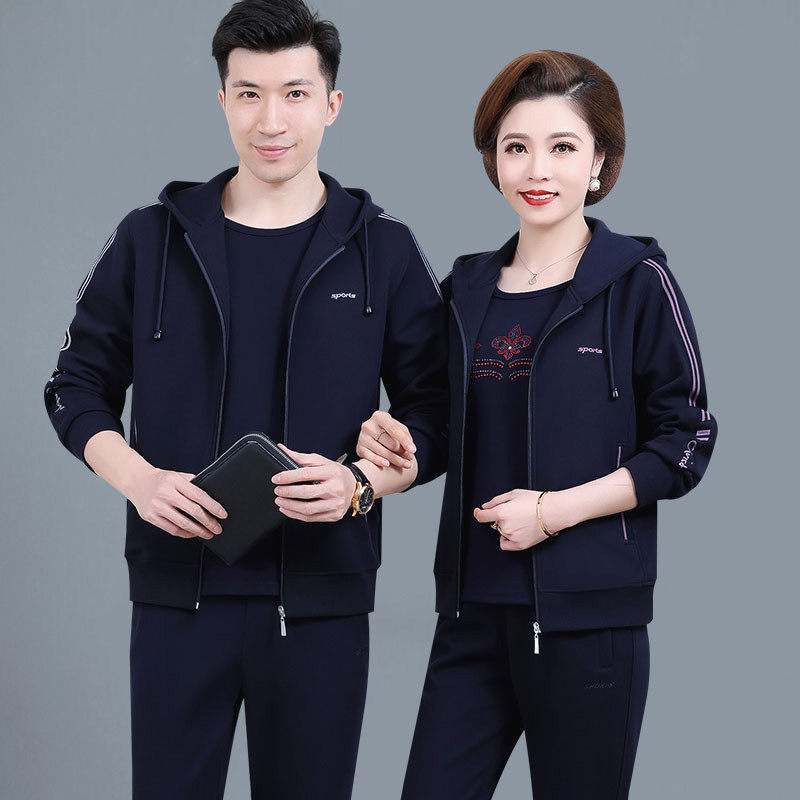春秋中年父母情侣运动套装中老年男女连帽休闲爸妈三件套