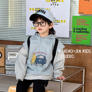 超洋气~儿童春装假两件纯棉拼接套头连帽衫男童帅气春秋