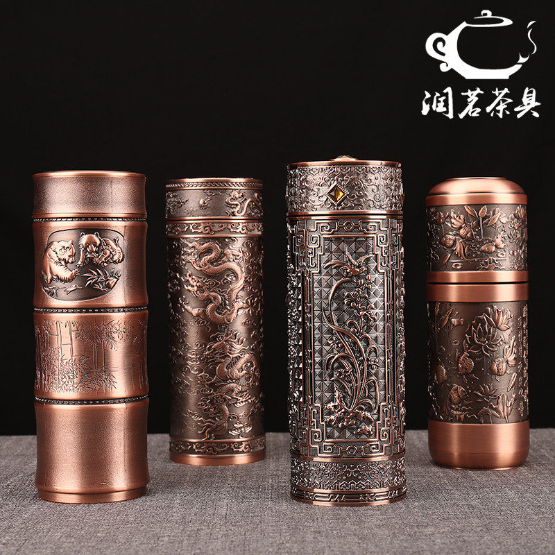 紫铜保温杯纯铜茶杯车载旅行补铜水杯带滤网心经九龙杯百福泡茶杯