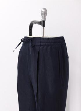 Leo夏季新品薄款蓝色亚麻透气意式宽松直筒抽绳男长裤