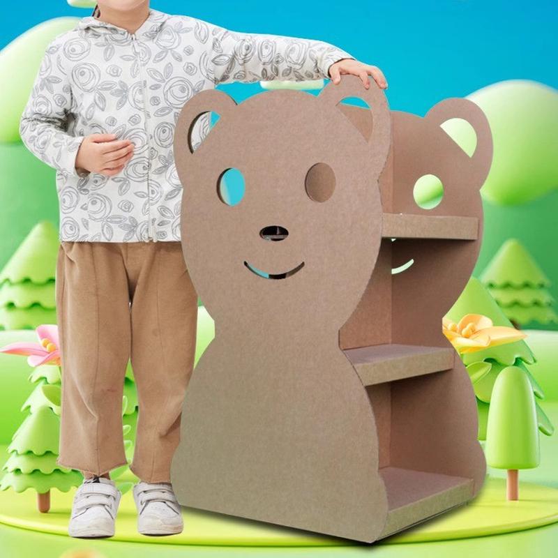 纸板熊猫书架儿童储物架收纳架过家家3宝宝纸箱玩具DIY手工绘本架