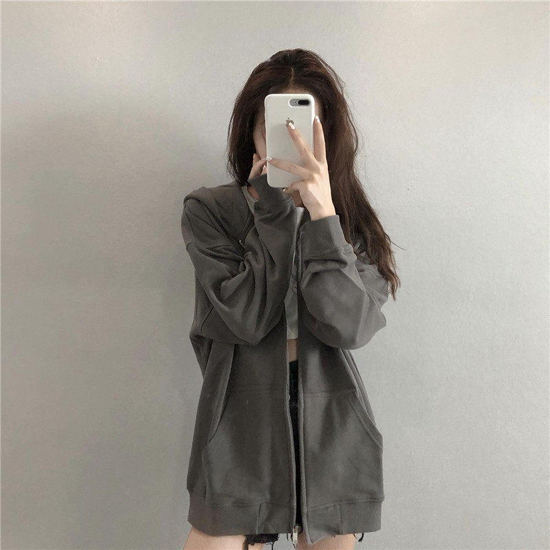 灰色连帽女2024春秋季新款宽松韩版开衫冬装加绒加厚拉链