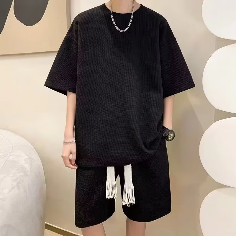 华夫格夏季t恤套装男潮牌休闲运动短袖短裤两件套搭配一套衣服潮